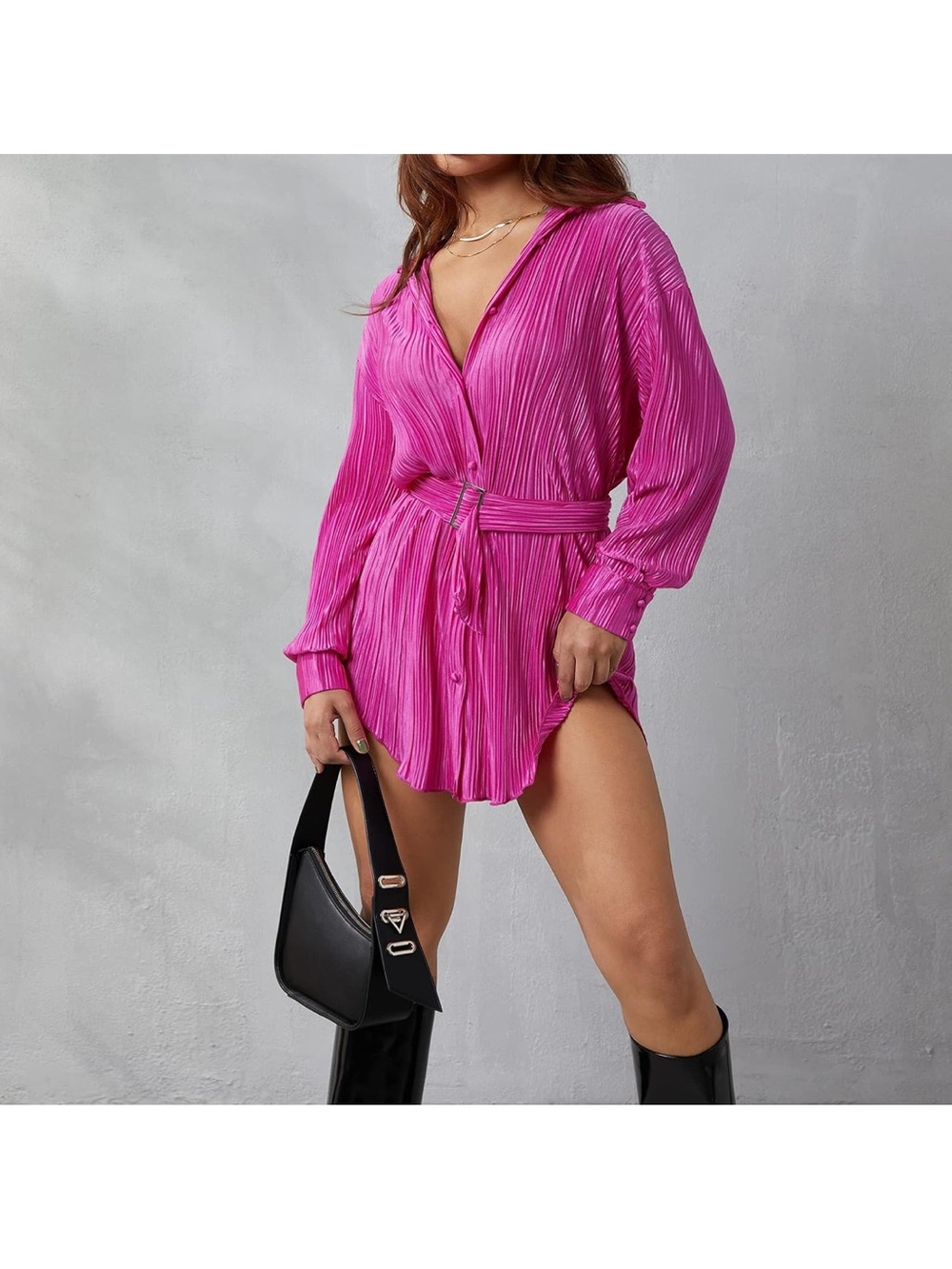 Fashion Nova Fuchsia Pleated Belted Mini Dress